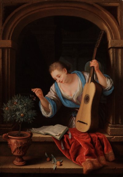 Una joven con una guitarra en un nicho de ventana de Pieter Leermans